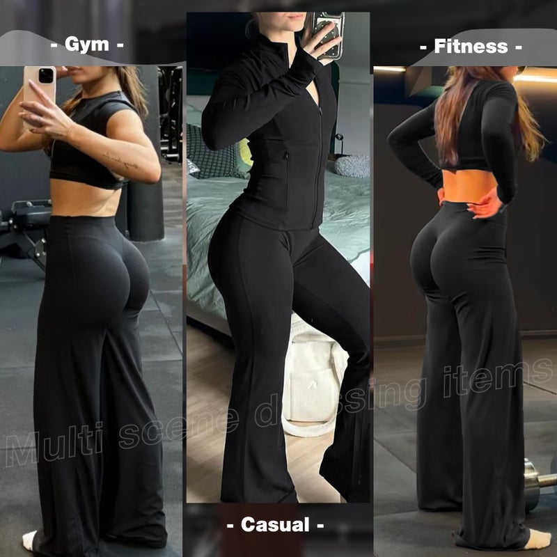 JGS1996 Wide Leg Yoga Pants Bottoms Straight Leg Leggings for Women High Waist Stretch Booty Casual Gym Workout Sweatpants Black - Image 2