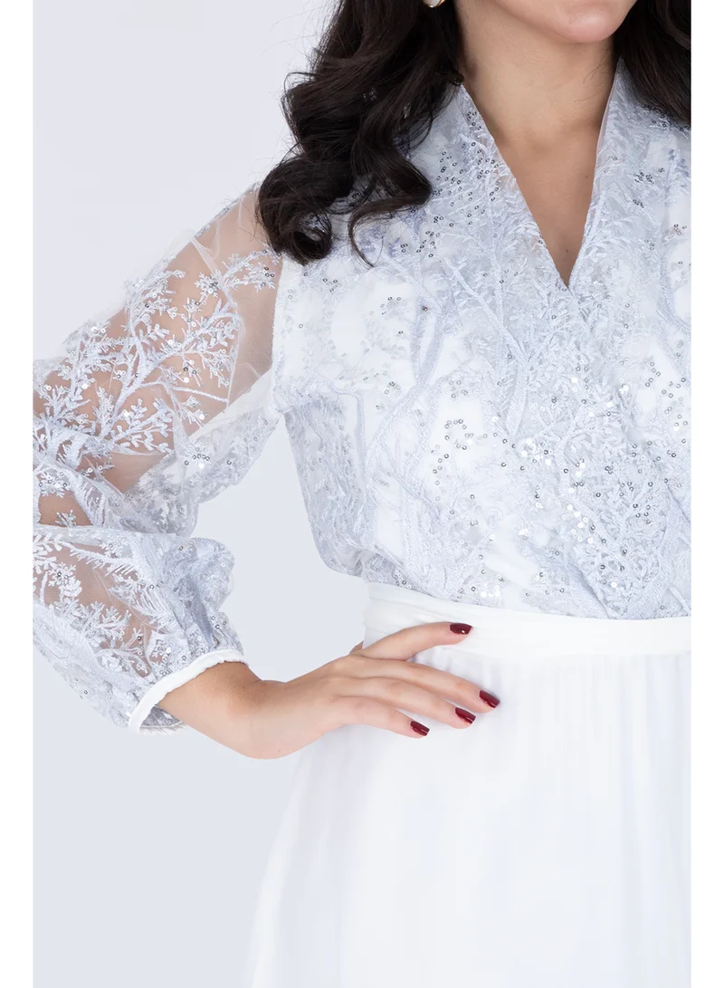 IKKXA Chiffon Layered Dress Applique Design IK1058 White