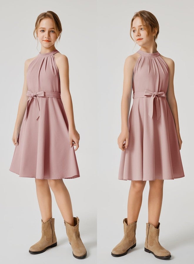Quedoris Girls Halter Neck Sleeveless Belted Dress with Zipper Grey Pink 140Y - Image 3