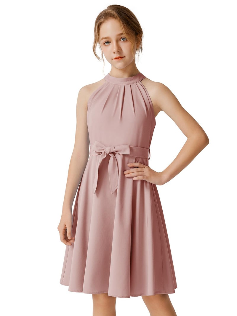 Quedoris Girls Halter Neck Sleeveless Belted Dress with Zipper Grey Pink 140Y - Image 1