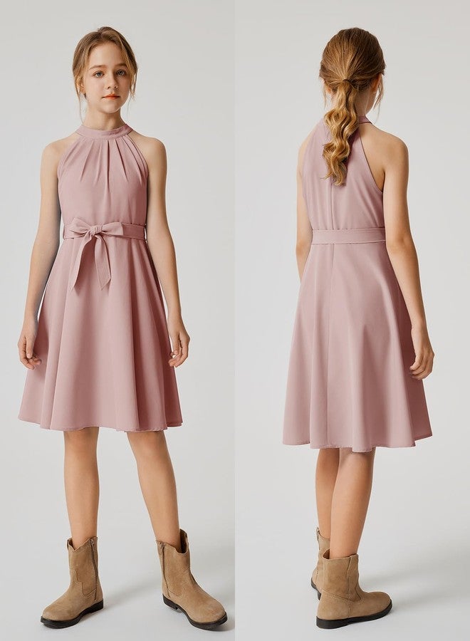 Quedoris Girls Halter Neck Sleeveless Belted Dress with Zipper Grey Pink 140Y - Image 4