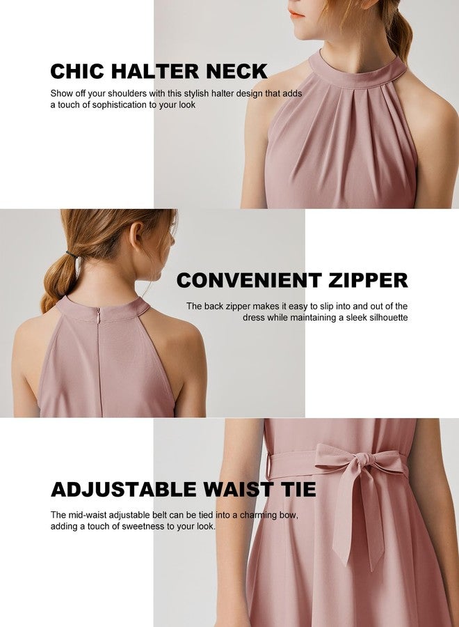 Quedoris Girls Halter Neck Sleeveless Belted Dress with Zipper Grey Pink 140Y - Image 5