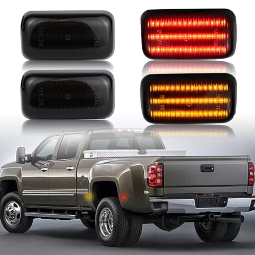 KEEGTBOX Smoked Lens Amber Red fender LED Side Marker Lights For 20152023 Chevy Silverado GMC Sierra 2500HD 3500HD Dual Rear Wheel Bed Fender Marker Light Replace OEM Side Marker Lamps Three Beams - Image 1