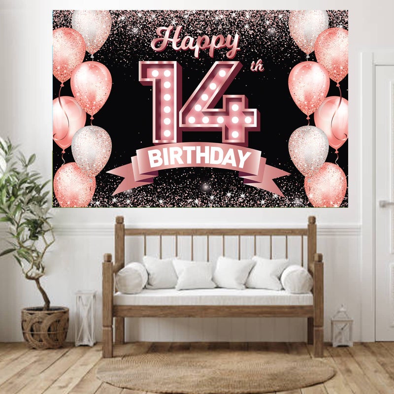 DZTRELFK Happy 14Th Birthday Rose Gold Banner Backdrop Cheers To 14 Years Old Confetti Balloons Theme Decor Decorations For Girls 14 Years Old Pink Birthday Party Bday Supplies Background Favors Gift Glitter - Image 4
