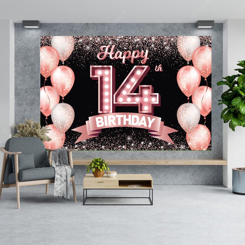 DZTRELFK Happy 14Th Birthday Rose Gold Banner Backdrop Cheers To 14 Years Old Confetti Balloons Theme Decor Decorations For Girls 14 Years Old Pink Birthday Party Bday Supplies Background Favors Gift Glitter - Image 3