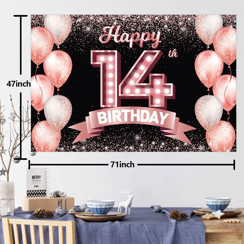DZTRELFK Happy 14Th Birthday Rose Gold Banner Backdrop Cheers To 14 Years Old Confetti Balloons Theme Decor Decorations For Girls 14 Years Old Pink Birthday Party Bday Supplies Background Favors Gift Glitter - Image 2