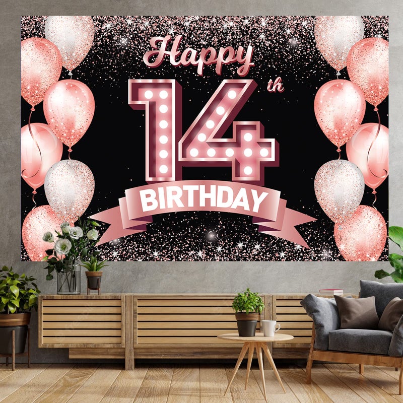 DZTRELFK Happy 14Th Birthday Rose Gold Banner Backdrop Cheers To 14 Years Old Confetti Balloons Theme Decor Decorations For Girls 14 Years Old Pink Birthday Party Bday Supplies Background Favors Gift Glitter - Image 5