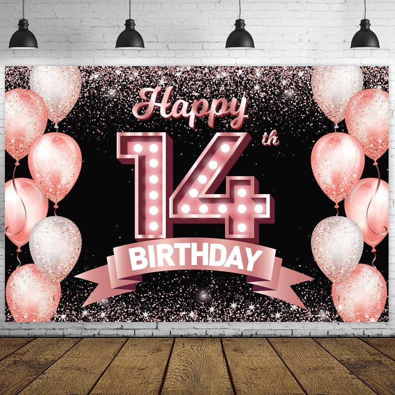 DZTRELFK Happy 14Th Birthday Rose Gold Banner Backdrop Cheers To 14 Years Old Confetti Balloons Theme Decor Decorations For Girls 14 Years Old Pink Birthday Party Bday Supplies Background Favors Gift Glitter - Image 1