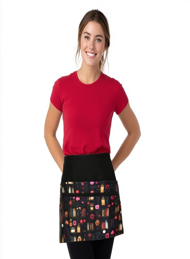 Plum Hill Book Lover Utility Apron with 6 Pockets and Secure Zipper – Stylish Waist Organizer for Teachers, Librarians, Vendors, or Crafters – Floral Bookshelf Design, Adjustable Fit - Image 2