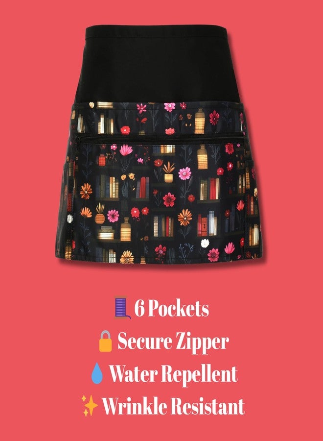 Plum Hill Book Lover Utility Apron with 6 Pockets and Secure Zipper – Stylish Waist Organizer for Teachers, Librarians, Vendors, or Crafters – Floral Bookshelf Design, Adjustable Fit - Image 5