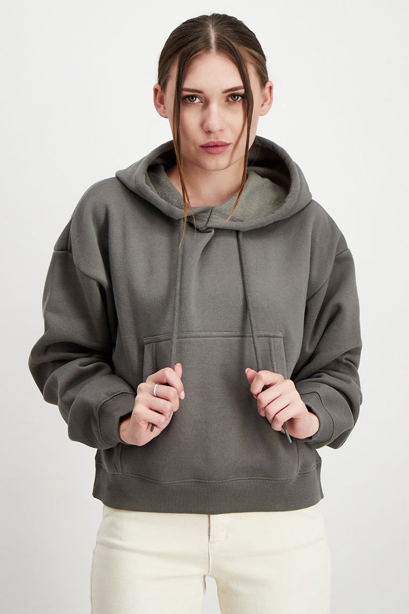 XOXO Women Hood With Drawstring Plain Sweatshirt, Dark Olive - Image 1