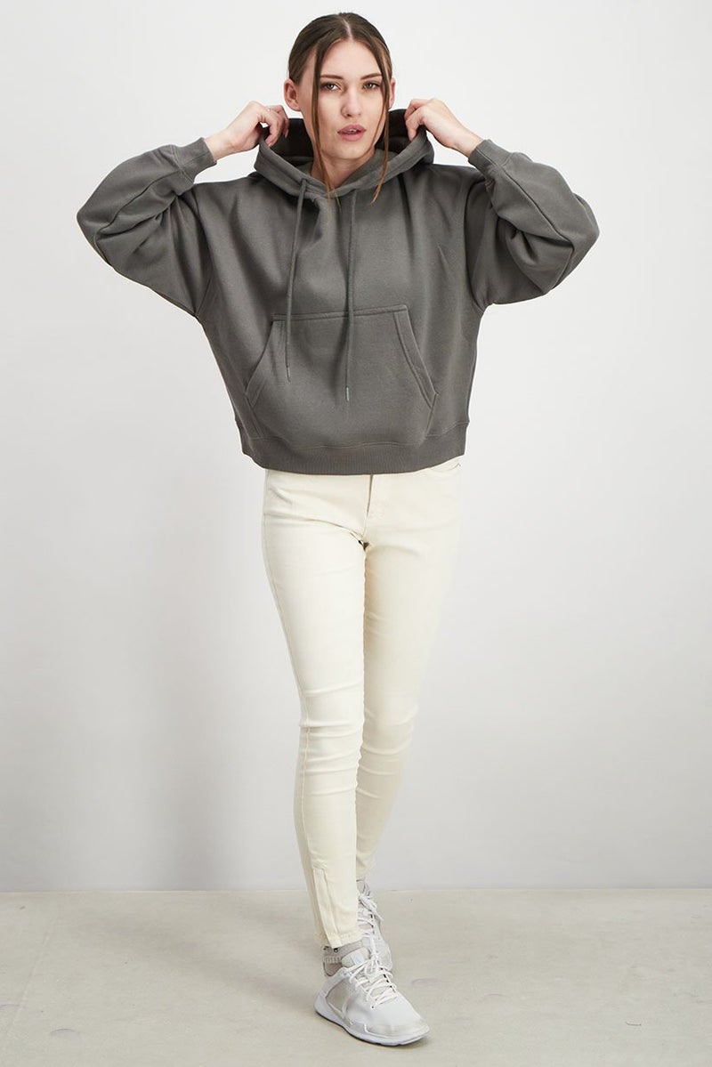 XOXO Women Hood With Drawstring Plain Sweatshirt, Dark Olive - Image 2