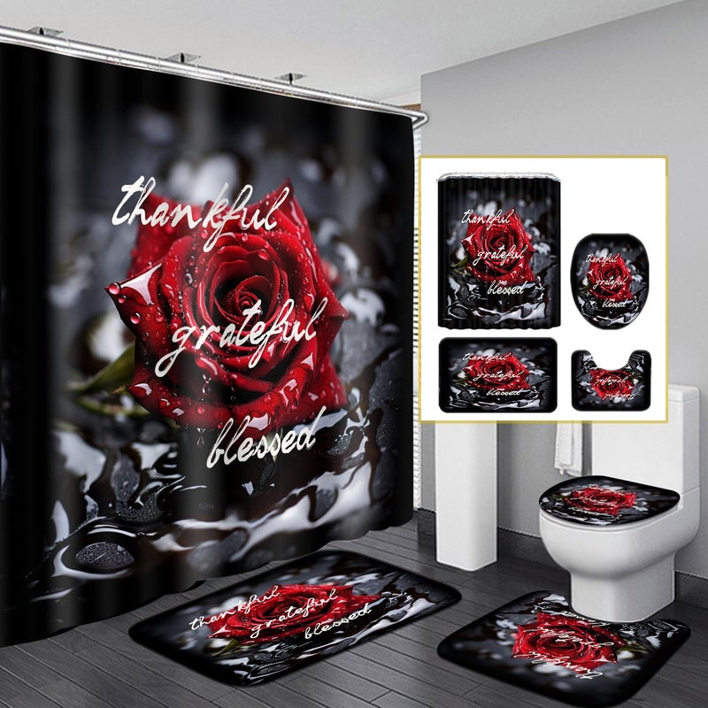 Omebero 4PCS Romantic Red Rose Bathroom Shower Curtain Sets, Waterproof Fabric Black Bathroom Sets with Shower Curtain and Rugs Toilet Lid Cover Bath Mat, Retro Flower Shower Curtains with Hooks - Image 1
