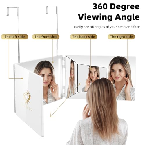 GLDDAO LED 3 Way Mirror to See Back of Head 360 Mirror for Women for Braiding Hair Telescoping Hooks Anti-Fog HD Glass Three Way for Self Hair Cutting Makeup Trifold - Image 3