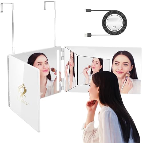 GLDDAO LED 3 Way Mirror to See Back of Head 360 Mirror for Women for Braiding Hair Telescoping Hooks Anti-Fog HD Glass Three Way for Self Hair Cutting Makeup Trifold - Image 1