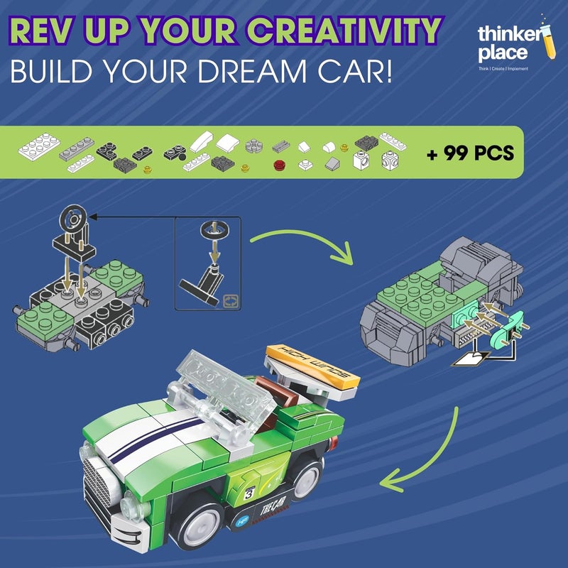 ThinkerPlace 8-in-1 Speed Racing Cars Blast (99 Pieces) | Learn About Electric Vehicles | Building Block Set for Kids Age 6+ | STEM Educational Toy | Build, Collect & Create Big-Size Racing Car - Image 2