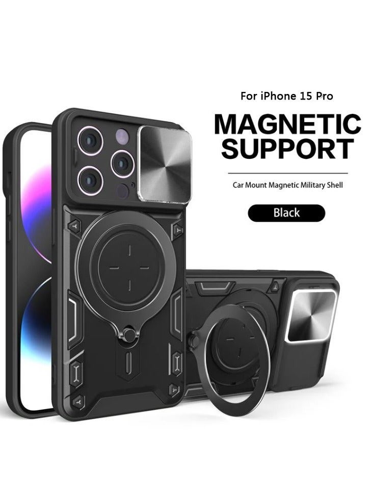 IAF 360 degree rotation Magnetic Wireless charging stand iPhone 15 Pro Lens protection cover Shockproof fall Phone cover Black - Image 1
