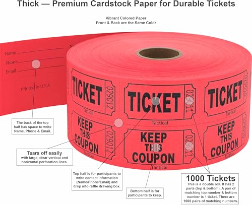 Tacticai 1000 Tacticai Raffle Tickets, Red (1 of 8 Colors), Double Roll, Ticket for Events, Entry, Class Reward, Fundraiser & Prizes - Image 2