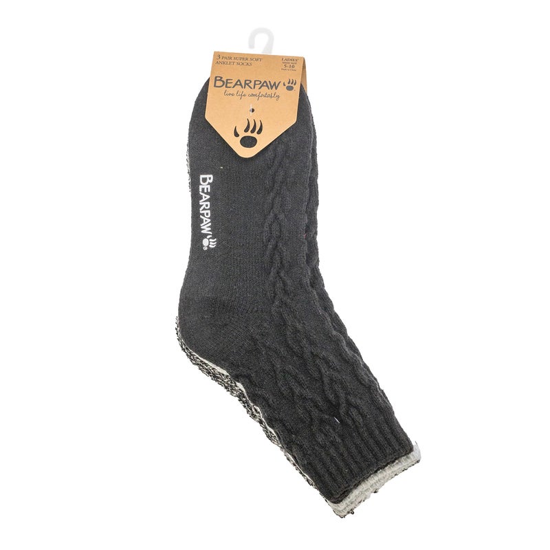 BEARPAW Womens 3 Pair Pack Super Soft Modern Multicolor Assorted Easy Care Solid Large Cable Neutral Colors Ankle Boot Socks, Black - Image 4