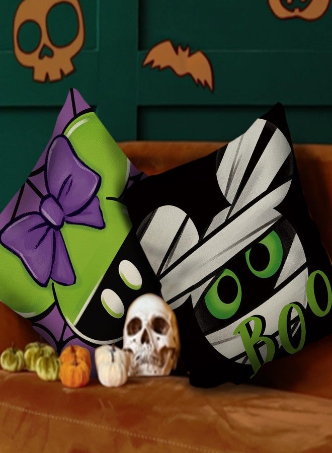Fjfz Halloween Decorative Throw Pillow Covers 18 x 18 Set of 4, Spooky Ghost Mummy Boo Porch Outdoor Home Decor, Purple Black Funny Spider Web Couch Cushion Case - Image 5