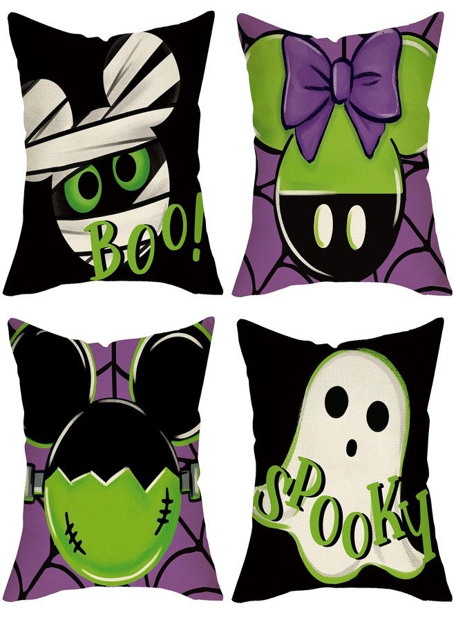 Fjfz Halloween Decorative Throw Pillow Covers 18 x 18 Set of 4, Spooky Ghost Mummy Boo Porch Outdoor Home Decor, Purple Black Funny Spider Web Couch Cushion Case - Image 1