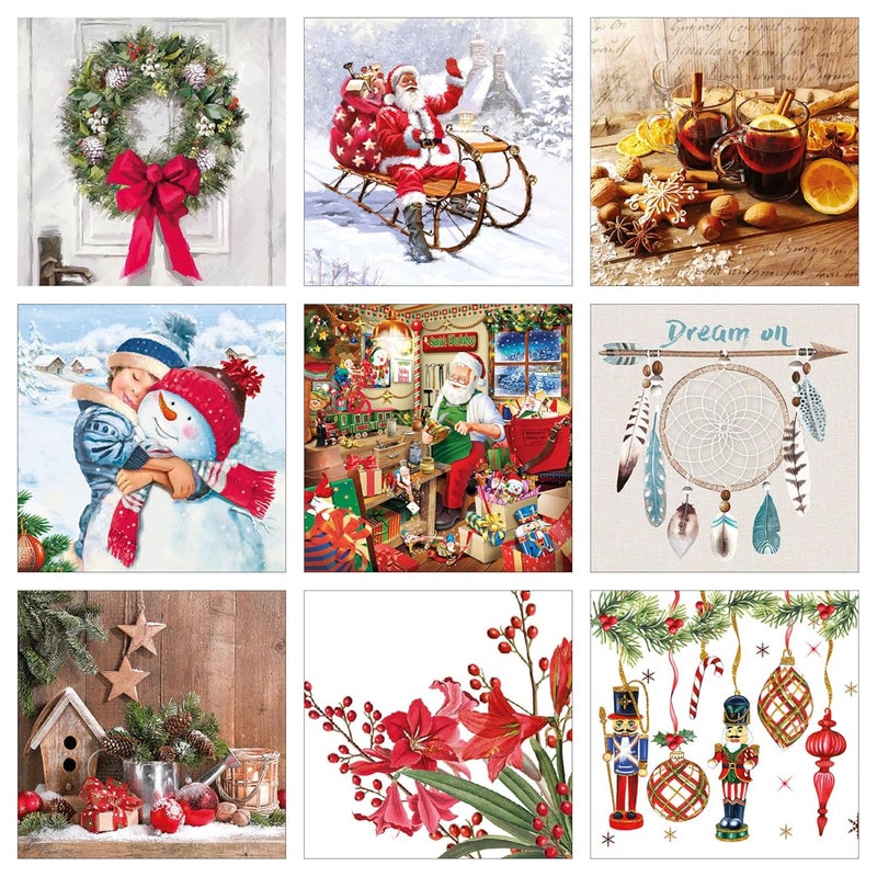 مجموعة مناديل ديكوباج بطبعة عيد الميلاد 5-9 - 1 منديل من كل تصميم - 9 قطع إجمالاً - Image 1