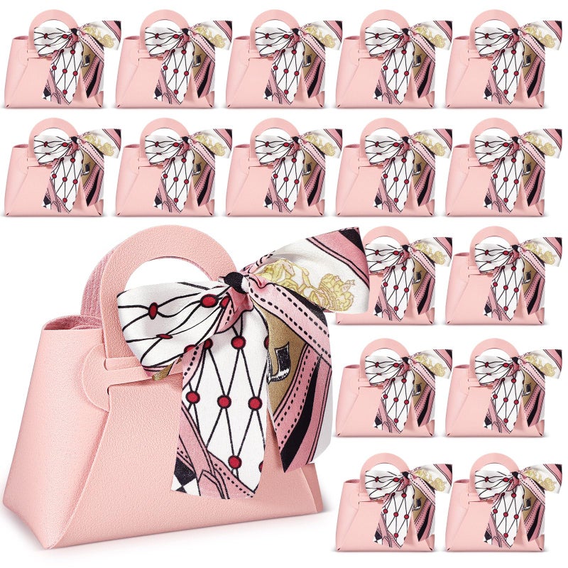 Abbylike 18 Pcs PU Leather Purse Gift Bags with Handles Ribbon Wedding Purse Party Favor Bags Valentines Candy Boxes for Baby Showers Birthday Wedding (Pink) - Image 1