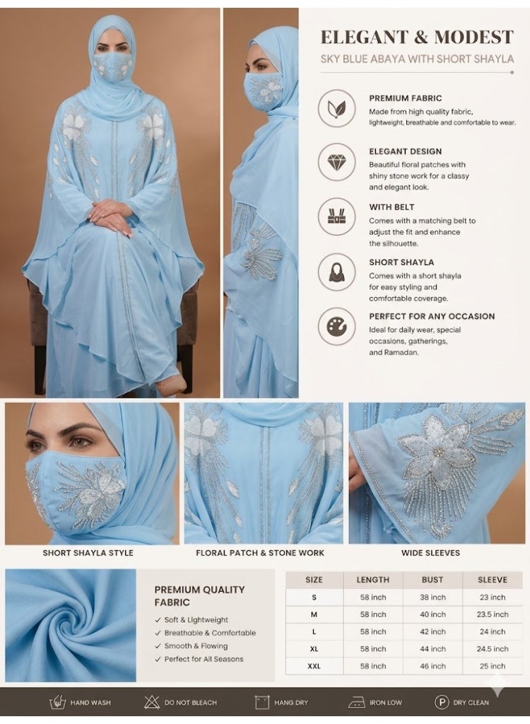 أمياي **عباية صلاة شيفون نسائية باللون الأزرق السماوي مع شيلة منفصلة | جلباب إسلامي محتشم بأكمام طويلة وطول كامل | فستان صلاة للسيدات مناسب للصلاة والعمرة والحج والاستخدام اليومي - Image 3