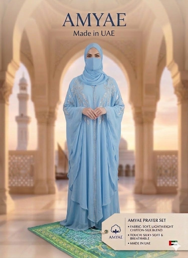أمياي **عباية صلاة شيفون نسائية باللون الأزرق السماوي مع شيلة منفصلة | جلباب إسلامي محتشم بأكمام طويلة وطول كامل | فستان صلاة للسيدات مناسب للصلاة والعمرة والحج والاستخدام اليومي - Image 5