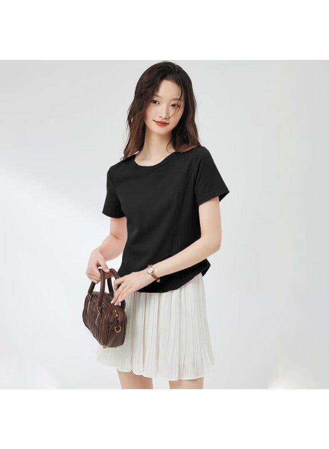 Don't speak Stylish Curved Hem Short Sleeve T-shirt Women's Spring/summer Slim Fit Short Round Neck Basic Irregular Top Black M - Image 1