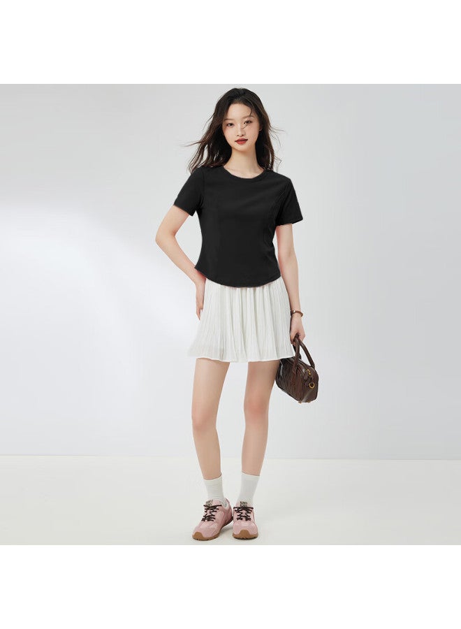 Don't speak Stylish Curved Hem Short Sleeve T-shirt Women's Spring/summer Slim Fit Short Round Neck Basic Irregular Top Black M - Image 2