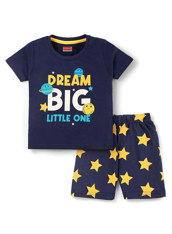 Babyhug Babyhug Cotton Knit Half Sleeves Shorts Night Suit With Star & Text Print - Navy Blue
