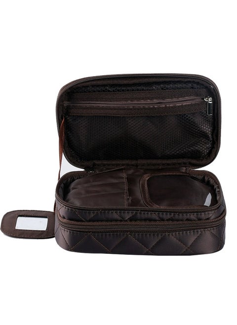 Double Layer Travel Makeup Bag With Carry Handle - Organize Brushes, Tweezers, And Eyeliner In Style - Brown