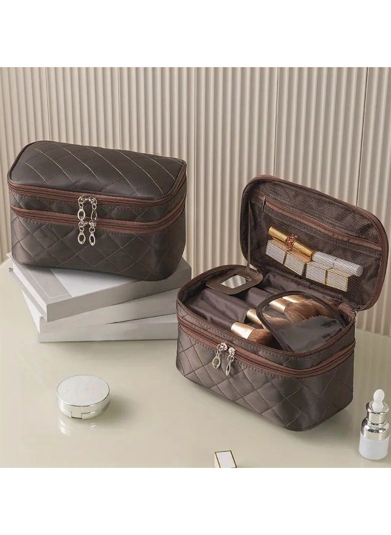 ORiTi - Double Layer Travel Makeup Bag With Carry Handle - Organize Brushes, Tweezers, And Eyeliner In Style - Brown - Image 1