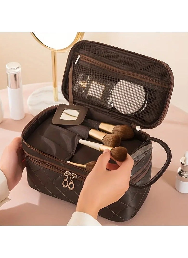 ORiTi - Double Layer Travel Makeup Bag With Carry Handle - Organize Brushes, Tweezers, And Eyeliner In Style - Brown - Image 1