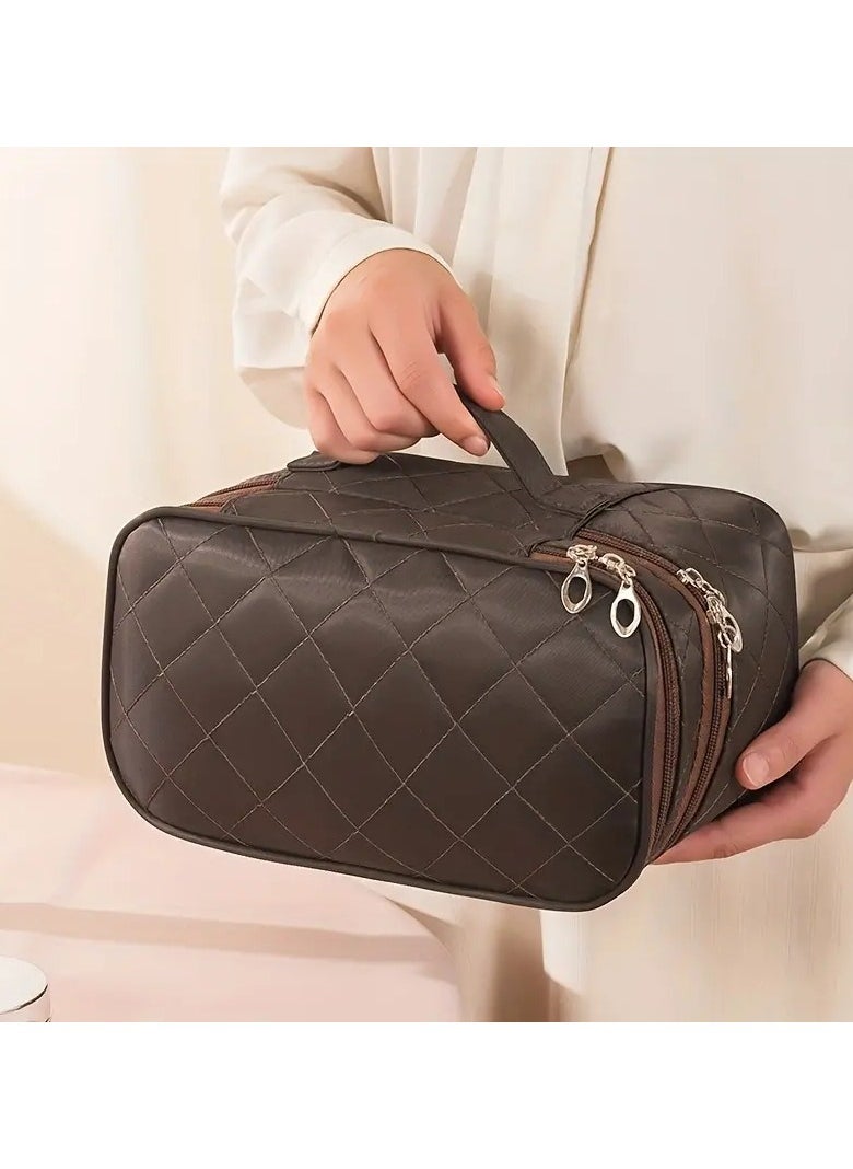 ORiTi - Double Layer Travel Makeup Bag With Carry Handle - Organize Brushes, Tweezers, And Eyeliner In Style - Brown - Image 1