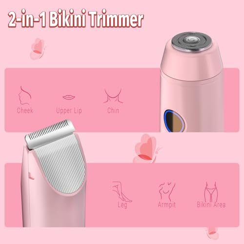 FIONOFY 2-in-1 Bikini Trimmer for Women, Bikini Shaver with Dual Heads, Body and Facial Hair Removal, Cordless Rechargeable Electric Razors for Face Chin Pubic Underarm Legs, IPX7 Waterproof, Pink - Image 2