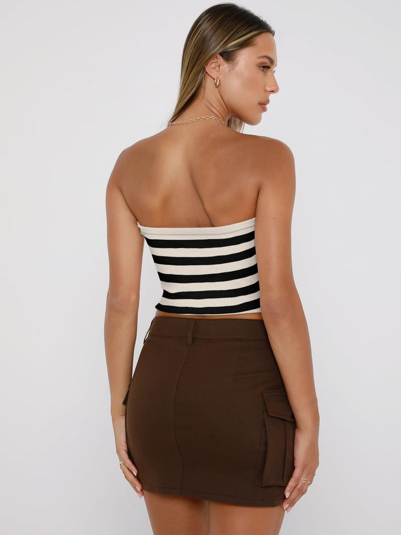EFAN Womens Tube Tops Summer Outfits 2026 Cute Striped Crop Y2K Tops Beach Vacation Spring Fashion Sweaters Strapless Sleeveless Clothes Striped Apricot M - Image 5