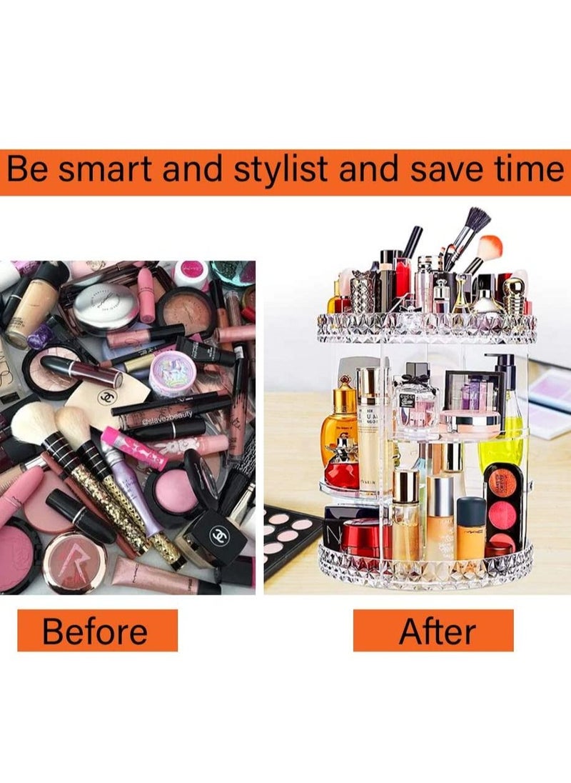 AS SEEN ON TV - 360 Degree Rotating Adjustable Cosmetics Makeup Organizer, Carousel Storage for Cosmetics, Toiletries, Jewelry, Makeup ,Brushes, Lipsticks, Toner &Creams  Clear - Image 1