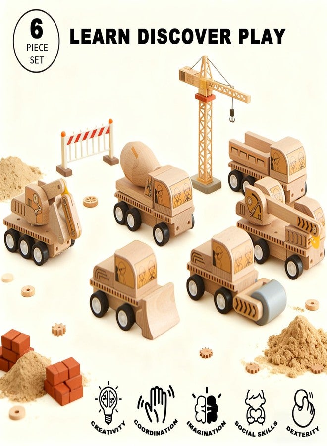 Udeas 6-Piece Wooden Construction Vehicle Toys Set with Bulldozer, Excavator, Crane, Dump Truck - Montessori Toddler Toys Ages 2-4, All-Natural Safe Push & Go Gift for Boys & Girls - Image 2