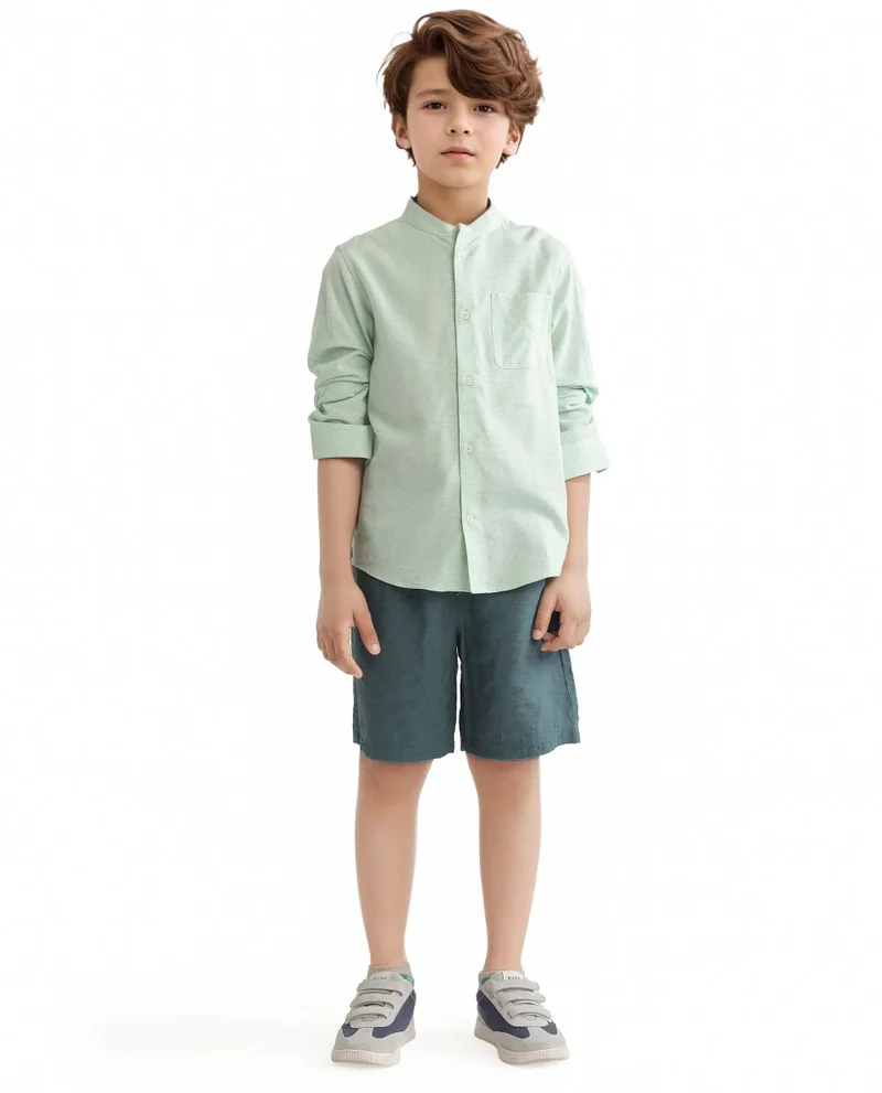رير ونز Rare Ones Kids Lynx Light Green Cotton Blend Full Sleeve Mandarin Collar Self Striped Embroidered Signature Shirt