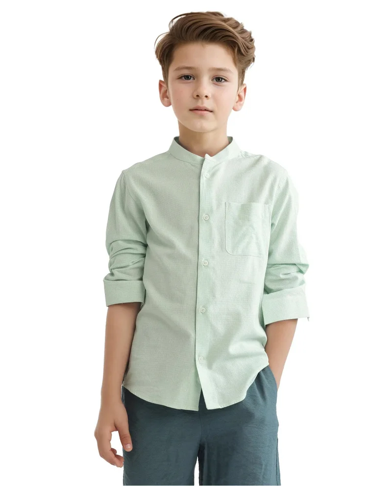 رير ونز Rare Ones Kids Lynx Light Green Cotton Blend Full Sleeve Mandarin Collar Self Striped Embroidered Signature Shirt