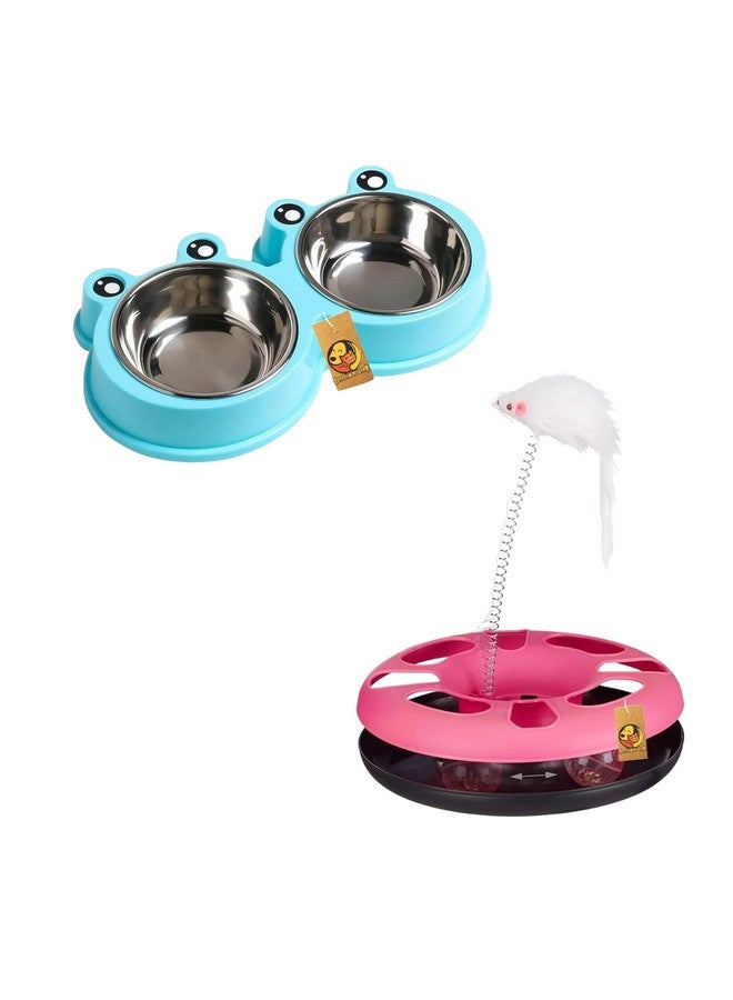 Cat Toy And Bowl Combo For Cat And Kittens - (Cat Happy Circle + Frog Face Bowl) | Cat Happy Circle With Ball Bell & Teasing Stick | 2-In-1 Cat Bowl Food And Water Feeder - Image 1