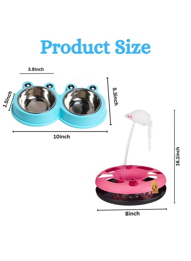 Cat Toy And Bowl Combo For Cat And Kittens - (Cat Happy Circle + Frog Face Bowl) | Cat Happy Circle With Ball Bell & Teasing Stick | 2-In-1 Cat Bowl Food And Water Feeder - Image 2