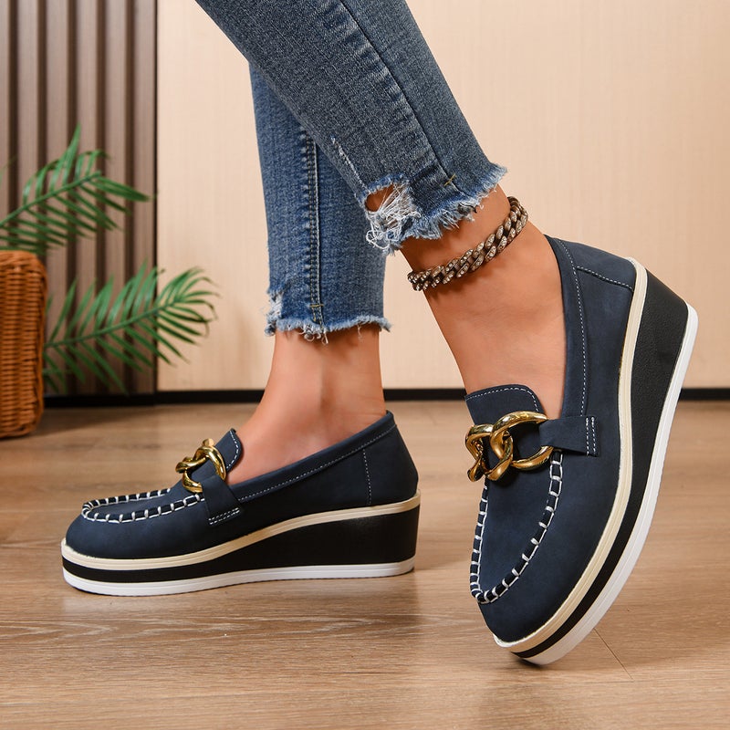 Platform Shoes For Women Thick-Soled European Station Metal Buckle Stripesd Sole Wedge Shoes One-Legged Heightening Set - Image 4