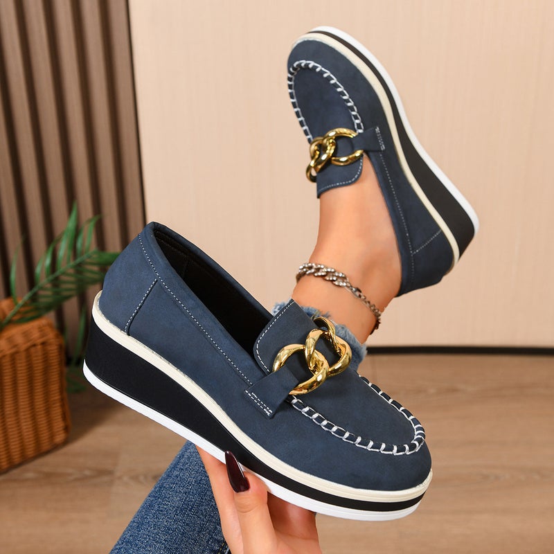 Platform Shoes For Women Thick-Soled European Station Metal Buckle Stripesd Sole Wedge Shoes One-Legged Heightening Set - Image 1