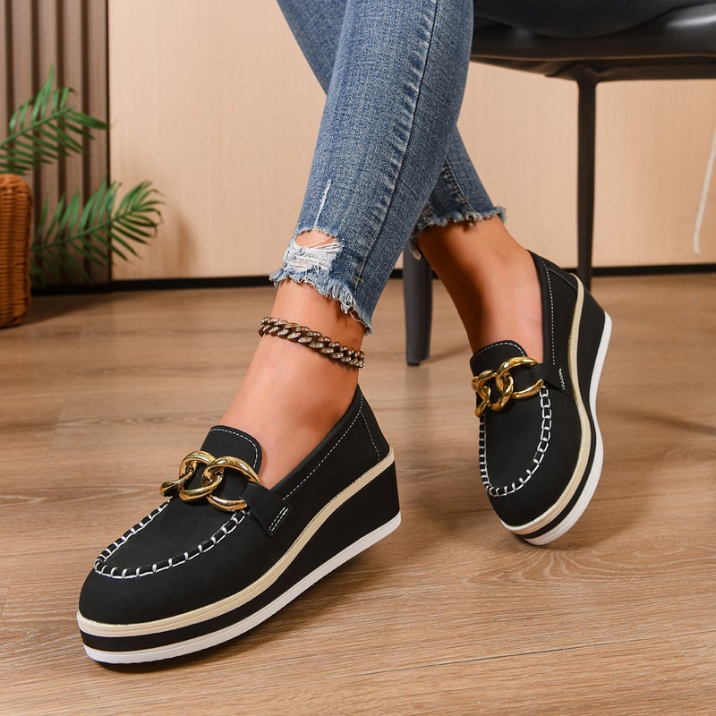 Platform Shoes For Women Thick-Soled European Station Metal Buckle Stripesd Sole Wedge Shoes One-Legged Heightening Set - Image 3