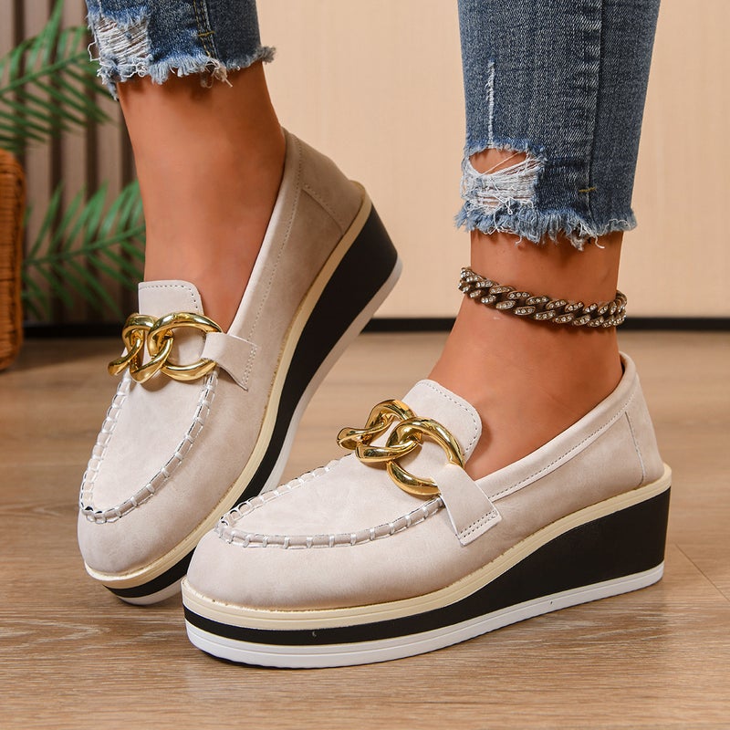 Platform Shoes For Women Thick-Soled European Station Metal Buckle Stripesd Sole Wedge Shoes One-Legged Heightening Set - Image 2
