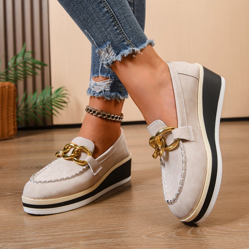 Platform Shoes For Women Thick-Soled European Station Metal Buckle Stripesd Sole Wedge Shoes One-Legged Heightening Set - Image 5