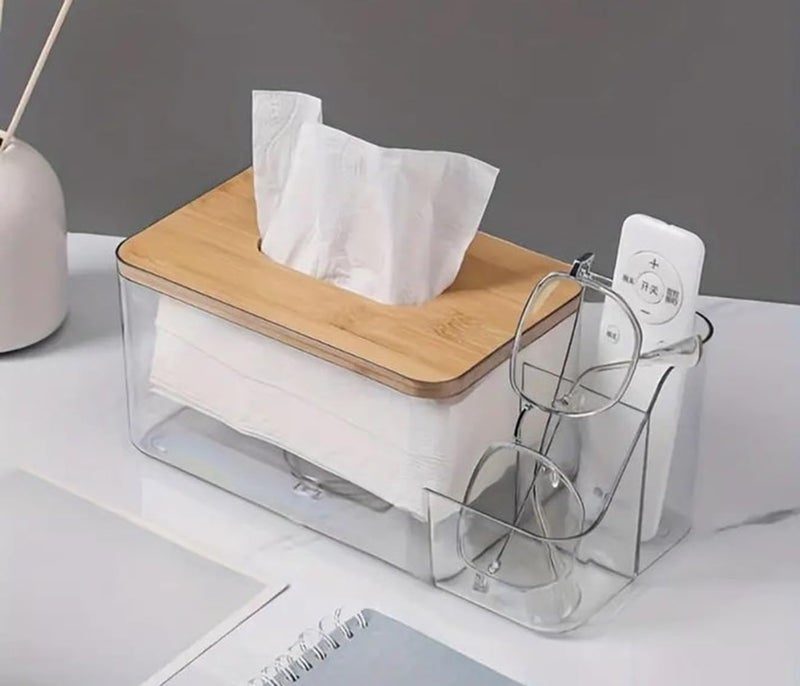 Kiwilon Tissues Paper Holder with 2 Remote Slot for Living Room I Platic Tissue Box Holder for Kitchen with Bamboo Lid I Paper Napkin Holder for Dining Table (Clear) - Image 3